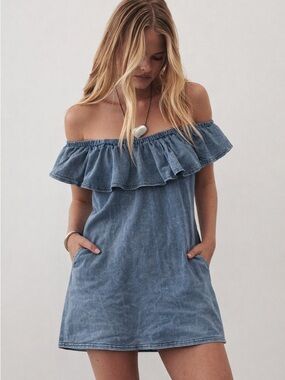 Umgee Off Shoulder Blue Acid Wash Mini Dress Ruffle Boho Anthropologie Vibe S